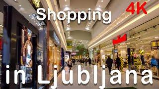 Ljublijana city park shopping mall, diverse shopping experience in Slovenian capital 4K walking