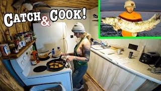 ICE SPEAR FISHING Catch & COOK At The New Cabin!!!! (Big Tasty Fish!!)