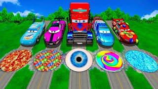 Giant Lava, M&M's, Ice, Rainbow Pits Vs Huge & Tiny Lightning McQueen From PIXAR CARS! BeamNG Drive