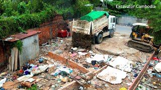 Starting New Project Landfill By Skill MlTSUBlSHl Bulldozer Pushing Sand & 5Ton Truck Dumping Sand