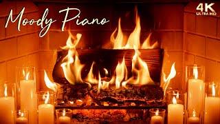 Cozy Fireplace with Moody Piano Music | Crackling Fire Ambience with Soft Candle Glow