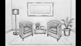 How to draw a living room in one point perspective