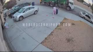 Woman falls head-first into her trash can TWICE while rushing to catch the garbage truck