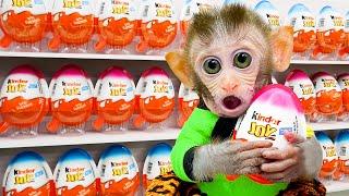 Monkey Baby doing shopping for Kinder Joy Egg store and eat chocolate with puppy