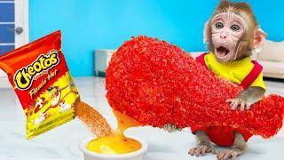 DoKi Monkey make Crispy Cheesy Hot Cheetos Chicken and ASMR Fast Food at 24 Hour | DOKI MONKEY