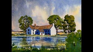 How to paint a rural scene with Farmhouse and reflectios. Tutorial from sketch to finished painting.