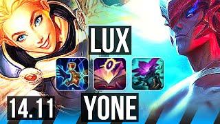 LUX vs YONE (MID) | 1100+ games, 13/3/9, Legendary | BR Master | 14.11