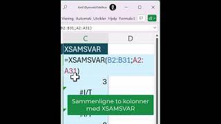 Excel på norsk: Sammenligne to kolonner med XSAMSVAR()