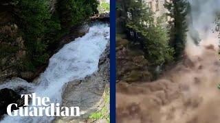 Europe floods: before and after footage as an Austrian waterfall becomes a torrent