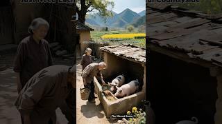Simple Life in the Countryside - Grandparents Feed Pigs in the Middle of a Beautiful Flower Field