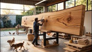 Talented Carpenter: Crafting a Giant Bed from Massive Timber Slabs with Unique Carvings