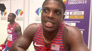 Marvin Bracy talks after winning silver in men's 100 at 2022 Worlds