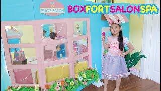 Bug's Unicorn Salon ! Boxfort Barbie Beauty Spa | Elsa and Rapunzel Makeover