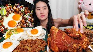 Filipino Sizzling Pork Sisig Mukbang! Fried Pork Knuckle Crispy Pata & Garli Rice - Pinoy Food ASMR