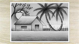 Moonlight Landscape Scenery Drawing with Pencil Sketch, Easy Pencil Drawing