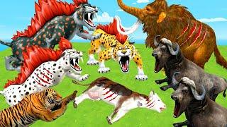 20 Mammoth Elephant Gorilla vs 10 Giant Lion Tiger Dinosaur Fight Baby Cow Saved By Woolly Mammoth