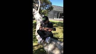 Playing Tom Petty's 12-string electric guitar in a tree at Rick Rubin's studio