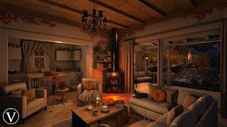 Cozy Autumn Cottage Interior | Night Ambience | Wood Stove Fireplace, Rain & Thunder Sounds