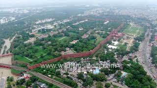 Red Fort Old Delhi walled city stunning aerial view, flooding all around, Yamuna lapping at walls!