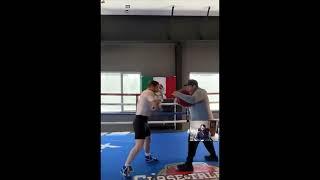 Canelo throwing powerful hooks on the pads in camp for Charlo fight