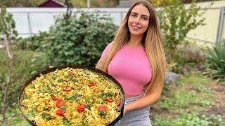 Cooking Shrimp Pasta on Fire l Village Cooking ASMR