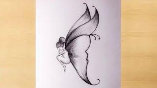 Pencil drawing of Beautiful butterfly drawing/fairy girl pencildrawing