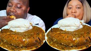 Asmr mukbang mixed ogbono soup and okra with fufu African food sound eating