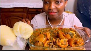 African Food mukbang/ cow skin + shrimp with okra soup and fufu /mukbang bang/ eating soft