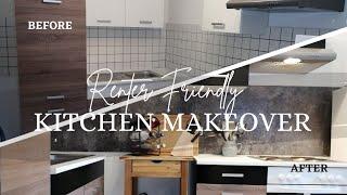 DIY MODERN BLACK KITCHEN | stone contact paper, painting cabinets, budget friendly, renter friendly