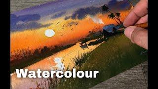 How to paint Sunset in Watercolor | Palm Tree