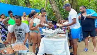 Having Lunch At The River in Jamaica|| Outdoor Cooking Rice&peas Soup Fry Chicken Jerk Pork Fish…