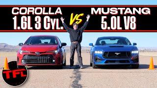 Tiny Turbo vs Massive V8: The GR Corolla Takes On The New Ford Mustang GT in a Drag Race!