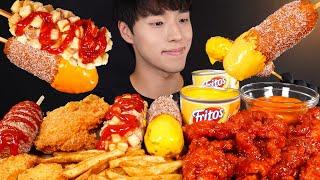 양념치킨, 명랑핫도그, 통다리 치킨 먹방! 불닭 마요 소스,  프리토스 치즈 소스까지 CORN DOGS & FRIED CHICKEN MUKBANG ASMR EATING SOUNDS