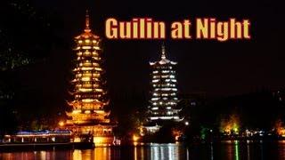 A tour around Guilin, China at night including night markets, street food, pagodas and lakes 晚上桂林