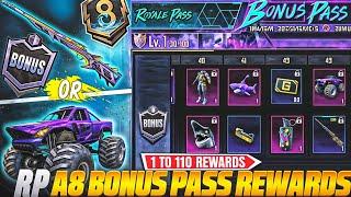 NEXT ROYAL PASS BGMI | A8 BONUS PASS 1 TO 110 REWARDS | BGMI A7 BONUS PASS RELEASE DATE