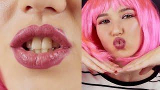 Devilish yet Cute Lip Makeup using Glossy Pink Lipstick | Lips Closeup