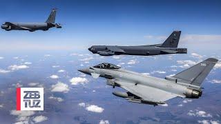 Fantastic B-52 stratofortress • Tight Escort By NATO Fighter Jet Over Europe