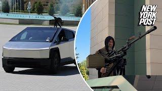 Ecstatic war lord mounts machine gun on Cybertruck, invites Elon Musk to visit