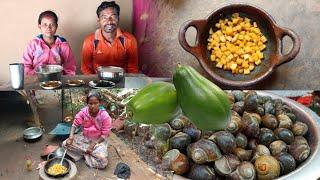 ଗେଣ୍ଡା ଅମୃତଭଣ୍ଡା ସନ୍ତୁଳା ଦେଶୀ ଷ୍ଟାଇଲ Snail papaya curry village cooking odia tribal Eating