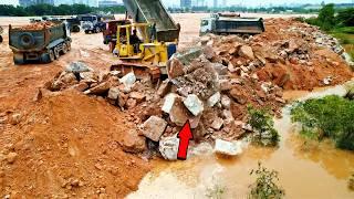 Wow! Huge Land Filling Process Strong Bulldozer Pushing Rock Ft 24ton Dump Truck Unloading Rock