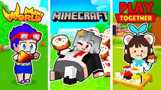 SAMMY THỬ THÁCH 24H ĂN ĐỒ ĂN TRONG MINI WORLD MINECRAFT VÀ PLAY TOGETHER VÀ NGOÀI ĐỜI