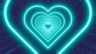 Neon tunnel of blue hearts on a dark blue striped background. Video Loop