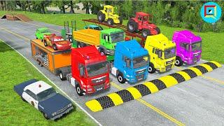 Quadruple Trucks Transporting cars with Flatbed Trailers | Cars vs Speedbump vs Train vs Pothole #09