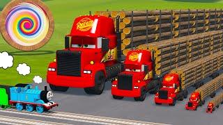 Big & Small Long Mack Truck with Logs vs Train Thomas - Cars vs Wheel Balls with Recuse Bus - BeamNG