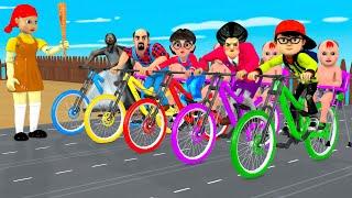 Scary Teacher 3D vs Squid Game Bicycle Carry Baby Climbing Wooden Slopes 5 Times Challenge Who Win?