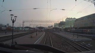 Cab view train Russia. Train arrival in Krasnoyarsk by sunrise. Siberia