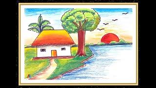 How to draw a village riverside scenery. Riverside village landscape drawing using soft pastels .