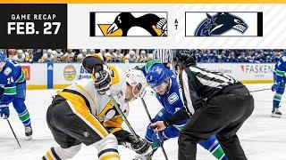 GAME RECAP: Penguins at Canucks (02.27.24) | Crosby Assist Makes His 1,000th Even Strength Point
