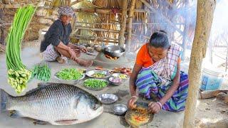 santali tribe grandma cooking traditional KATLA FISH curry and Shak vaji recipe