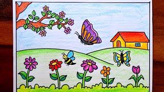 Spring Season Drawing | Flowers and Butterfly Drawing easy | How to make Spring Season Drawing